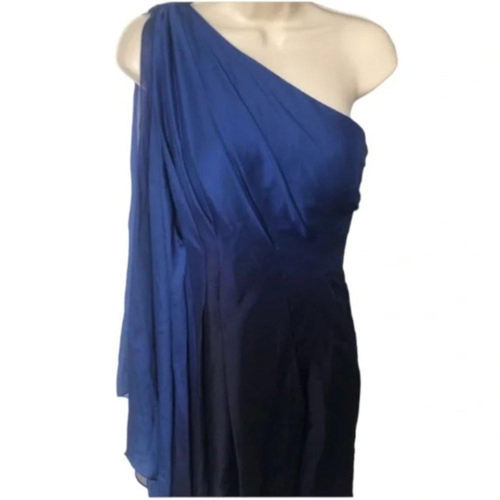 NWT Kay Unger | 100% Silk Blue Black Ombré One Shoulder Organza Dress Sz 2